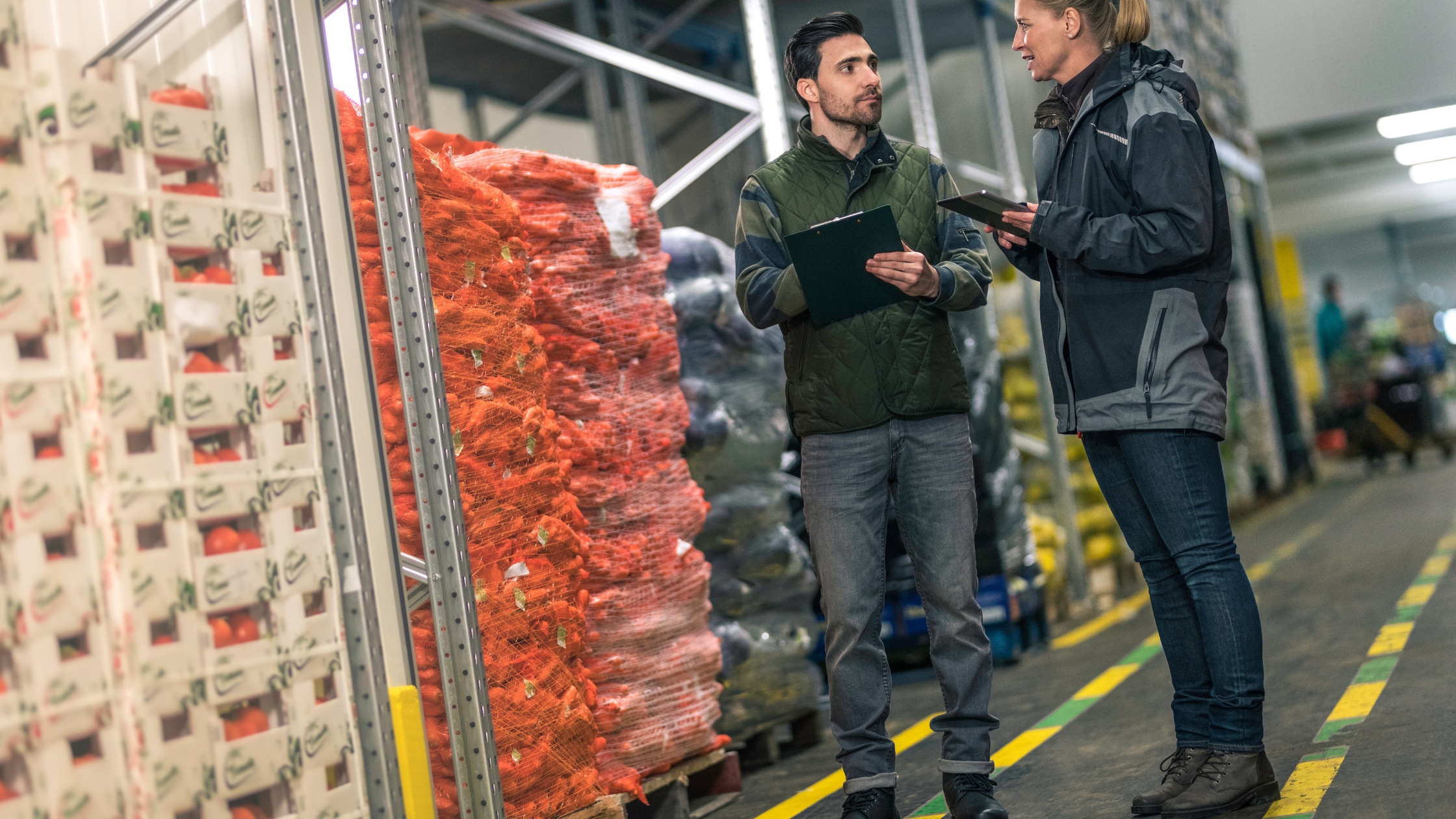 workers standing in vegetable distribution warehouse